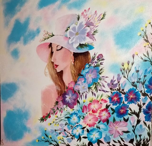 Girl in a pink hat among flowers and blue clouds