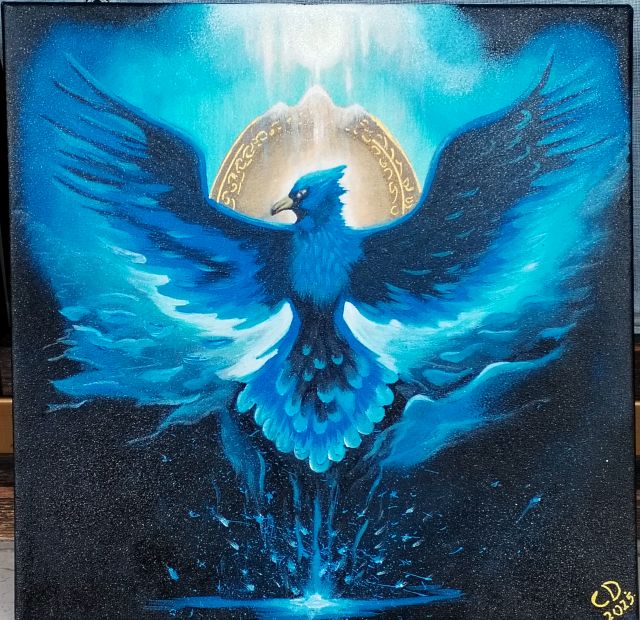 Blauer Phönix mit ausgebreiteten Flügeln, der sich zwischen Lichtspritzern erhebt