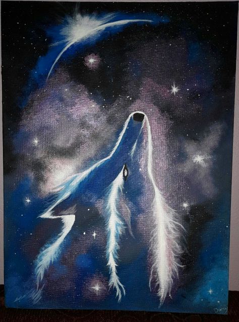 Lupo che ulula fatto di stelle e nebulose