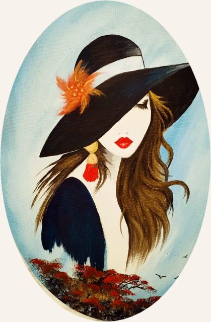 Ritratto di donna con cappello nero su tela ovale
