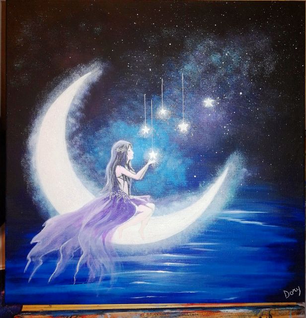 Ragazza seduta sulla falce di luna che raccoglie le stelle