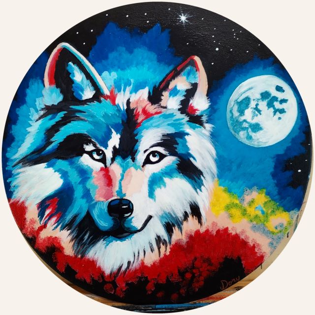 Tela tonda con un lupo azzurro, bianco e rosso accanto alla luna