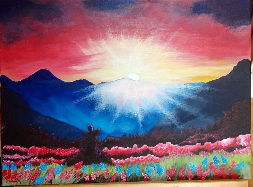 Sole che sorge tra le montagne sopra un prato fiorito – quadro di Artedory