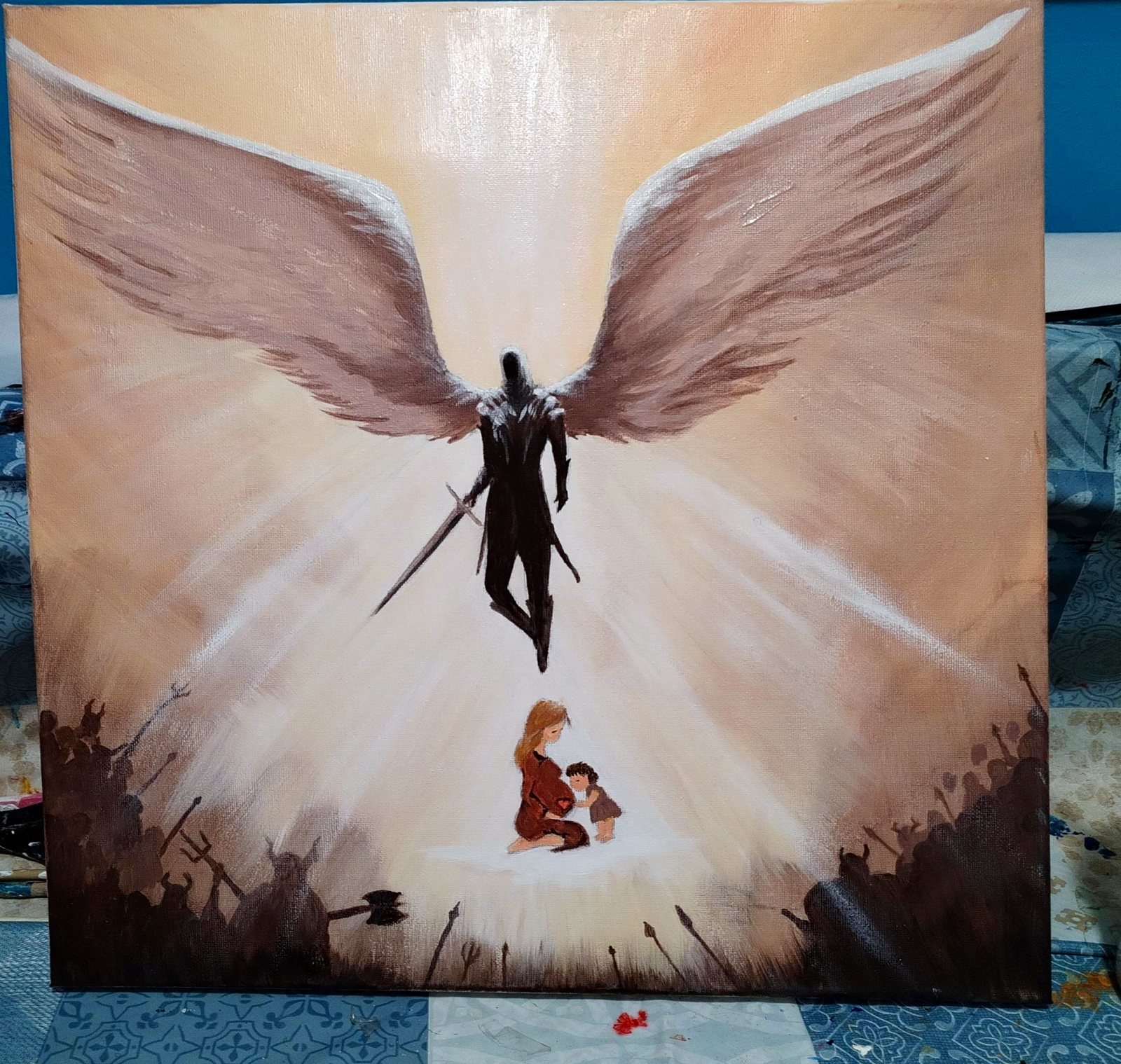 Angelo con grandi ali che scende verso una madre con il bambino – quadro di Artedory