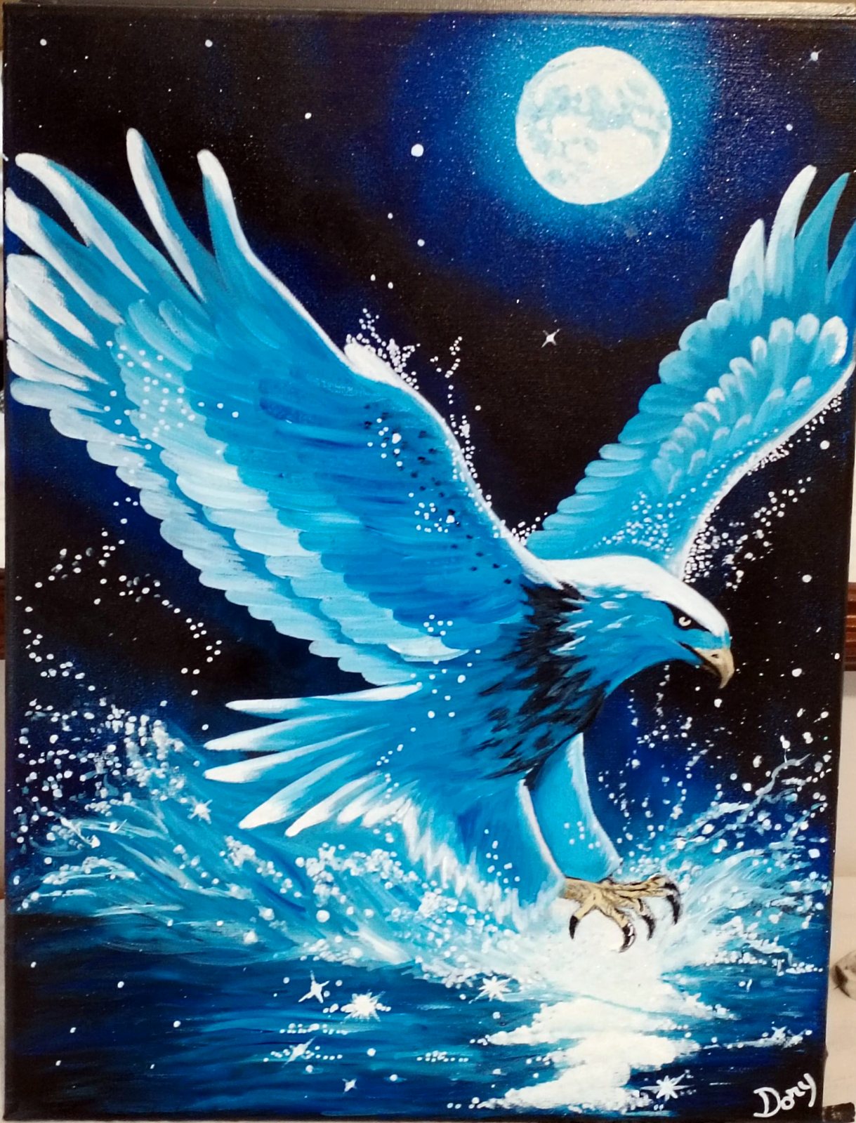 Aquila bianca e azzurra che sfiora il mare sotto la luna piena – quadro di Artedory