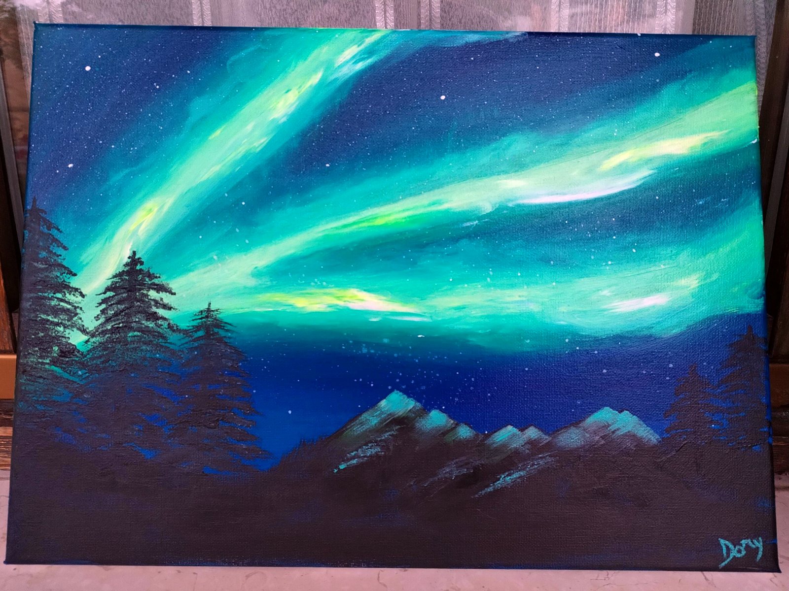 Aurora boreale verde sopra montagne e abeti – quadro di Artedory
