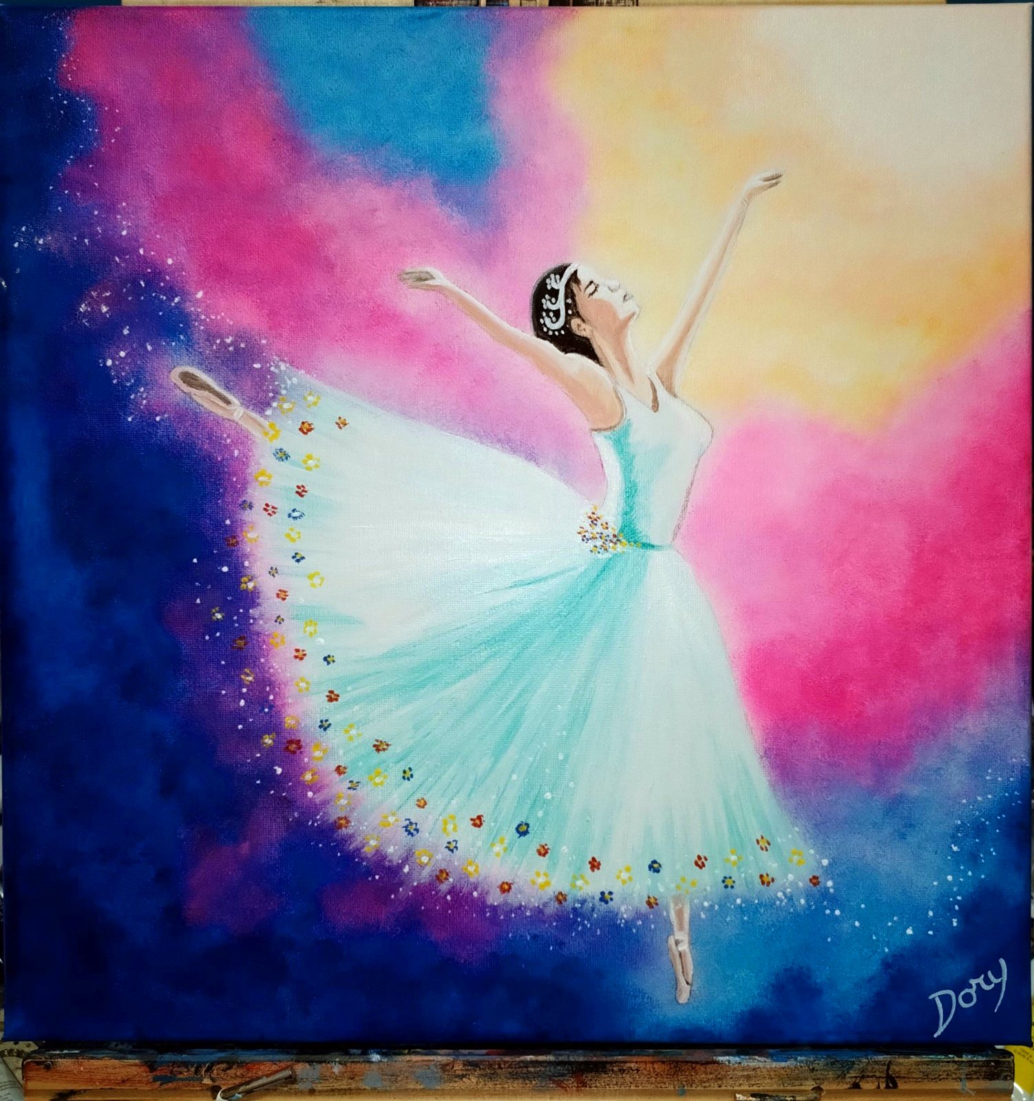 Ballerina in tutù bianco su sfondo rosa e blu – quadro di Artedory