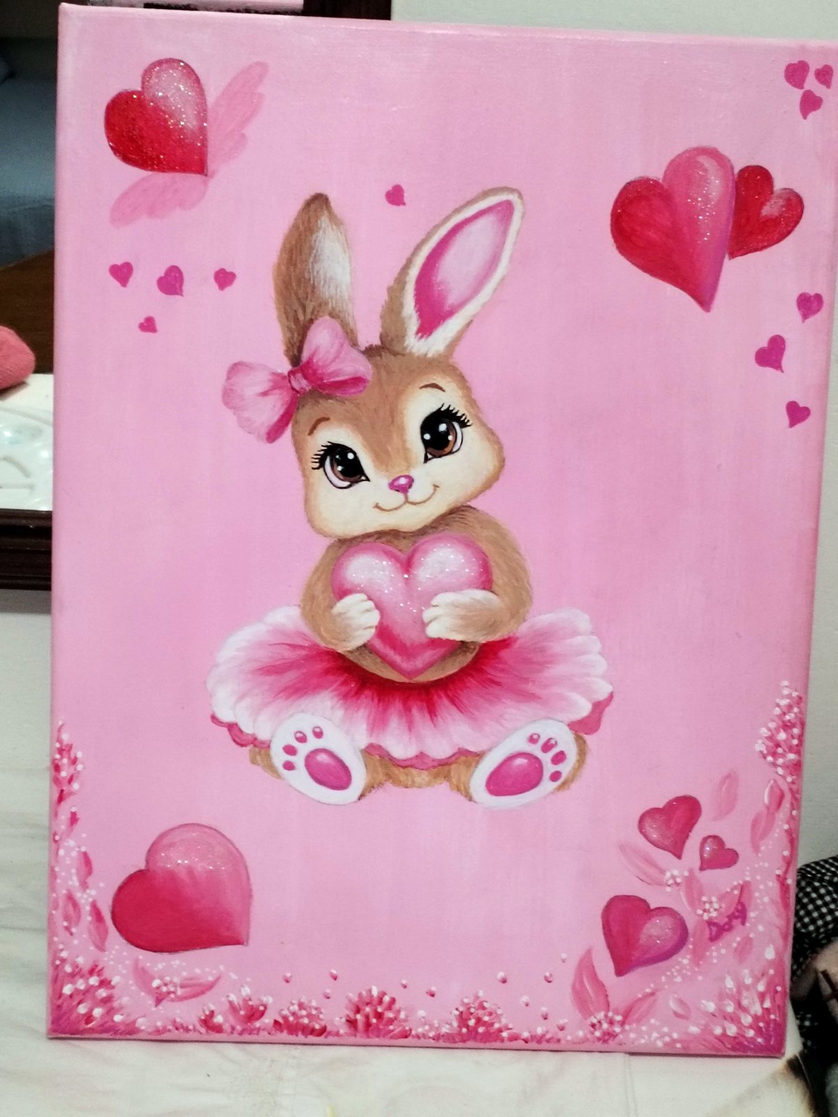 Conejita con tutú rosa entre corazones y mariposas – cuadro de Artedory