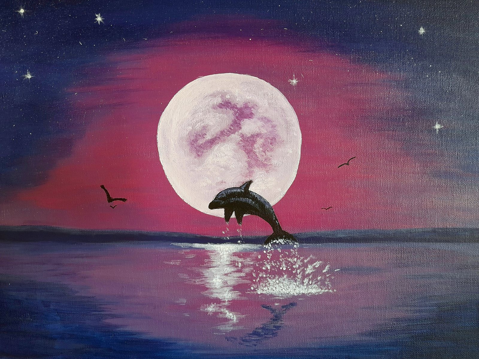 Delfino che salta davanti alla luna piena su un mare rosa e blu – quadro di Artedory