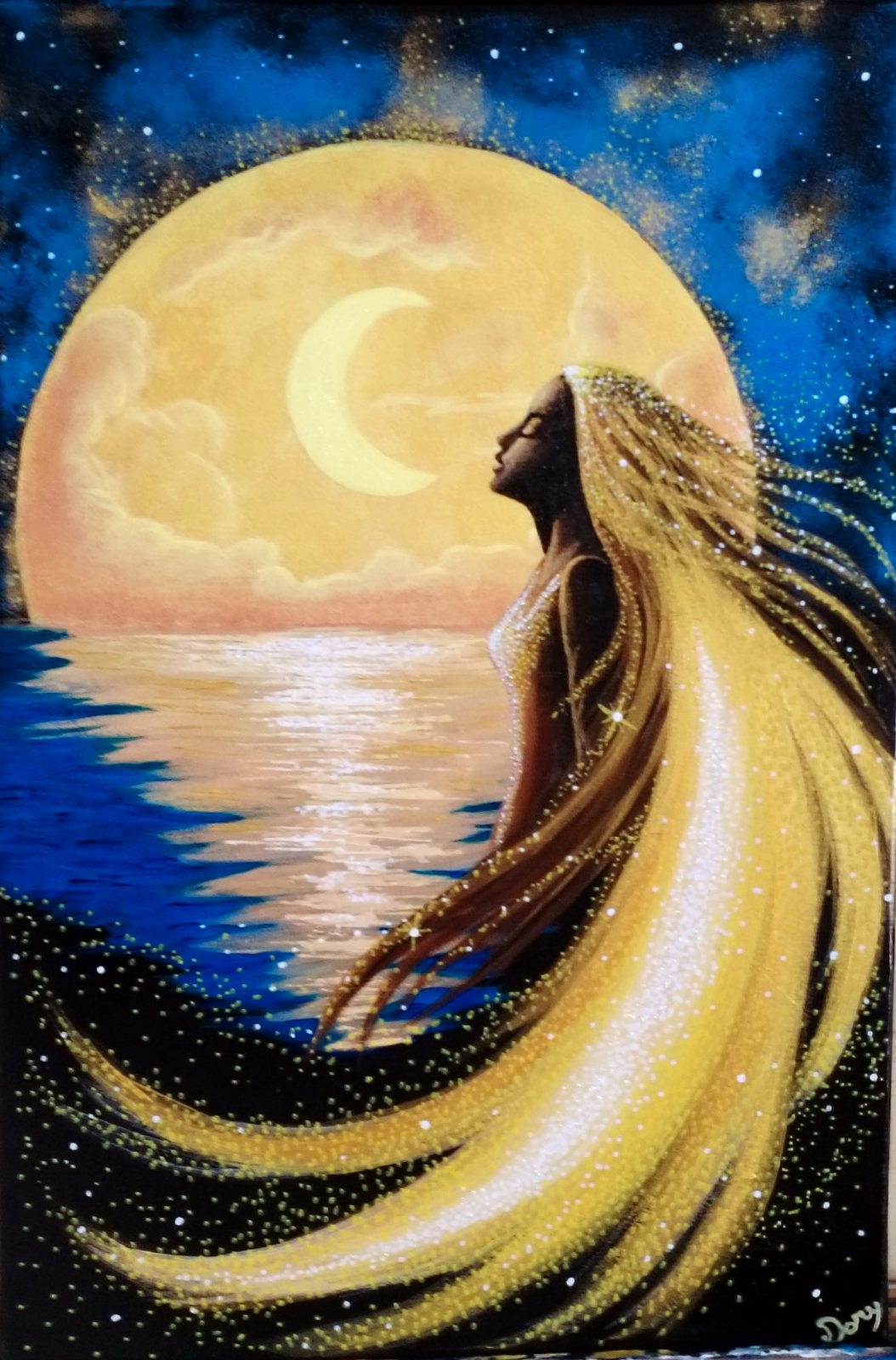 Profilo di donna con lunghi capelli dorati davanti alla luna sul mare – quadro di Artedory