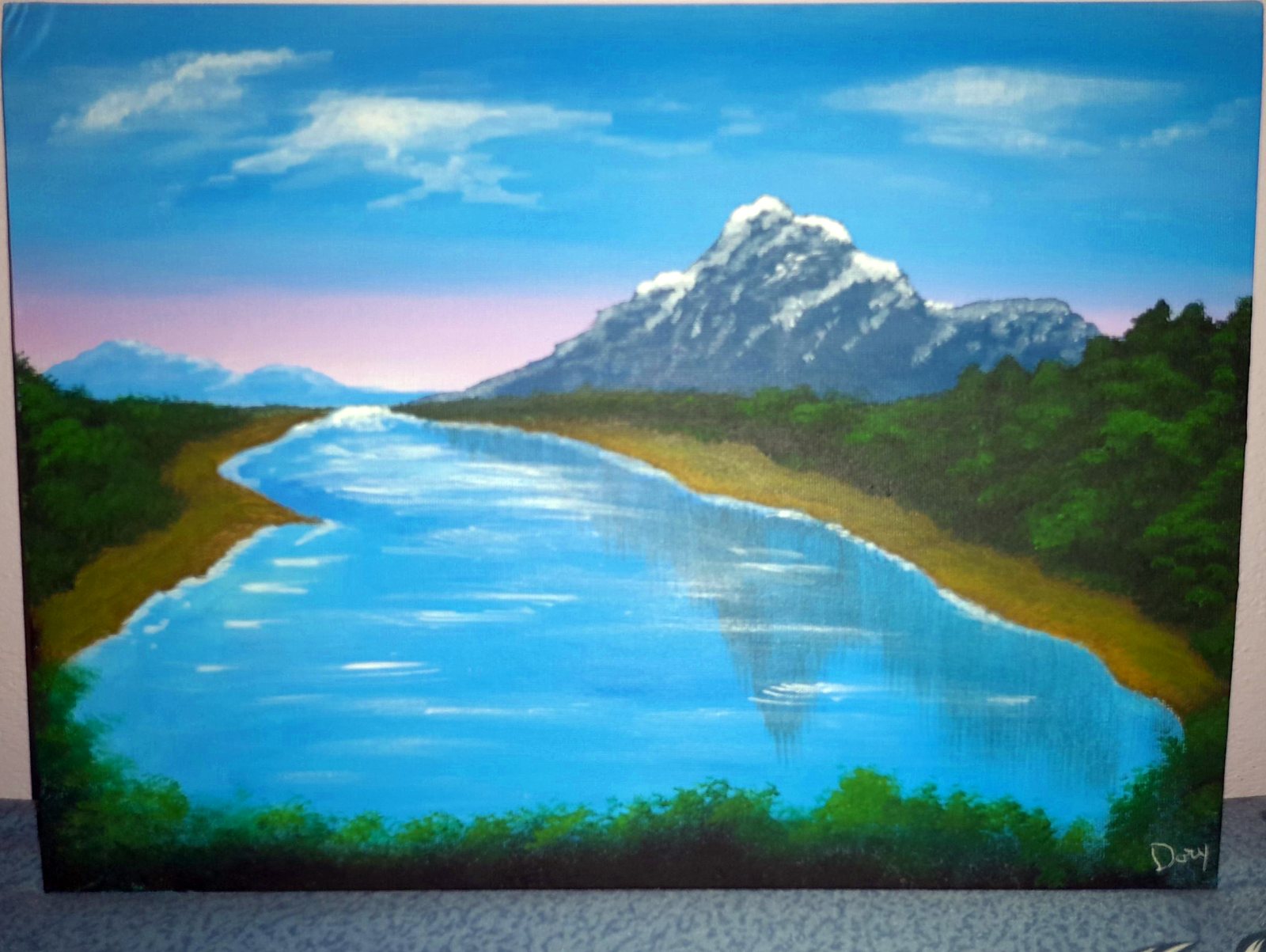 Rivière bleue qui coule vers une montagne enneigée – tableau d'Artedory