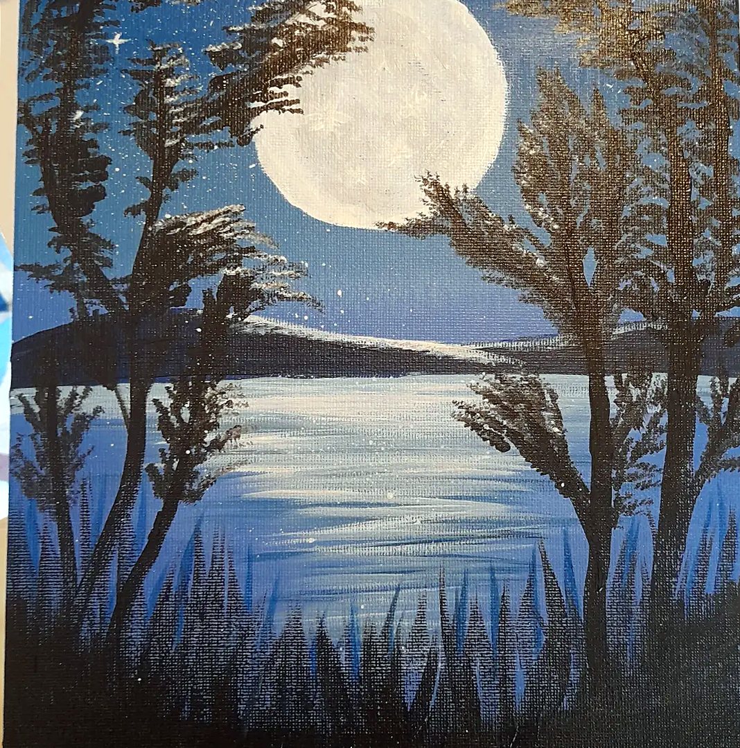 Luna llena que ilumina un lago entre árboles oscuros – cuadro de Artedory