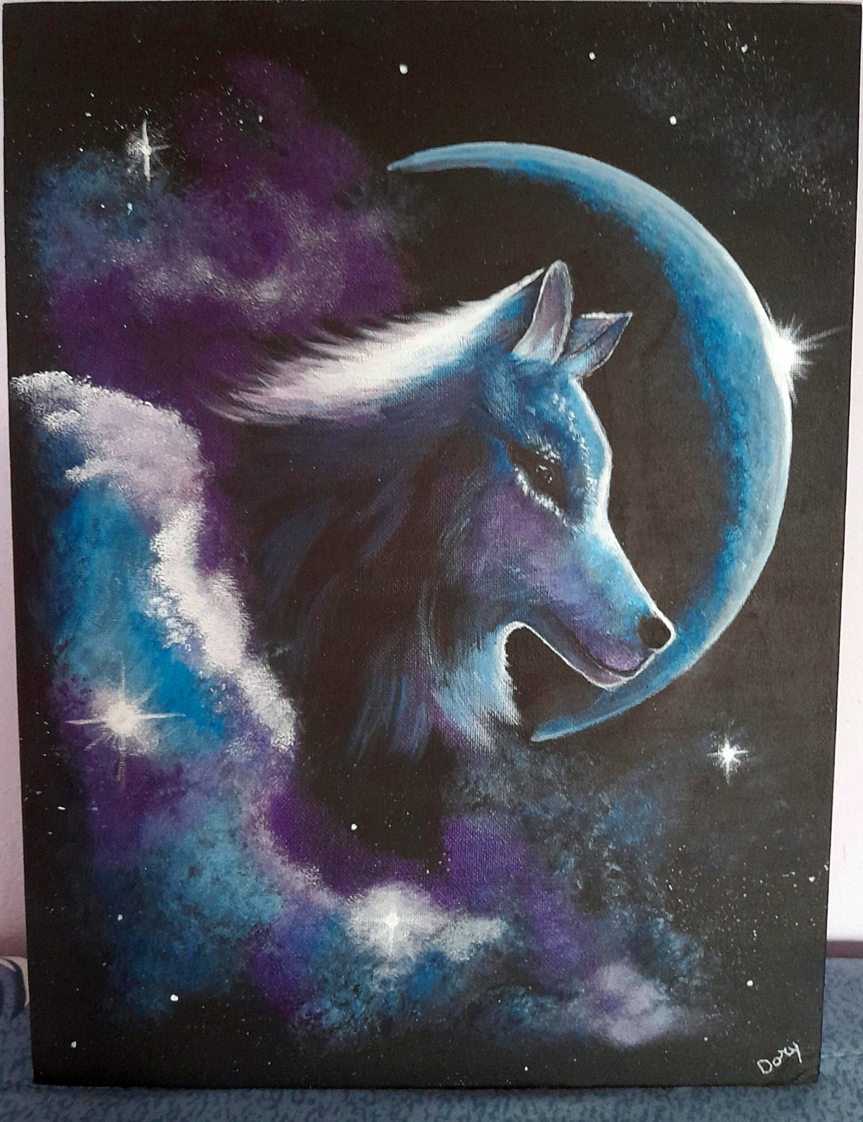 Lupo azzurro accanto alla falce di luna – quadro di Artedory