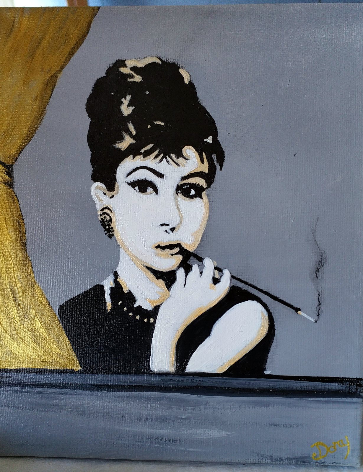 Black-and-white portrait of Audrey Hepburn with a cigarette holder – painting by Artedory