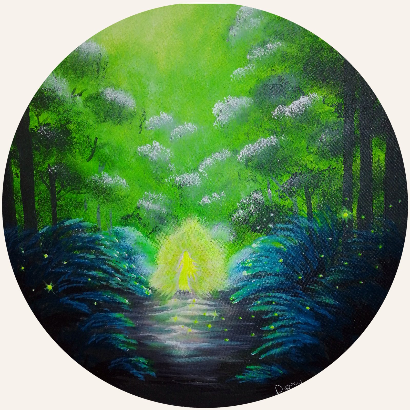 Tela tonda con un bosco verde e una luce magica tra gli alberi – quadro di Artedory