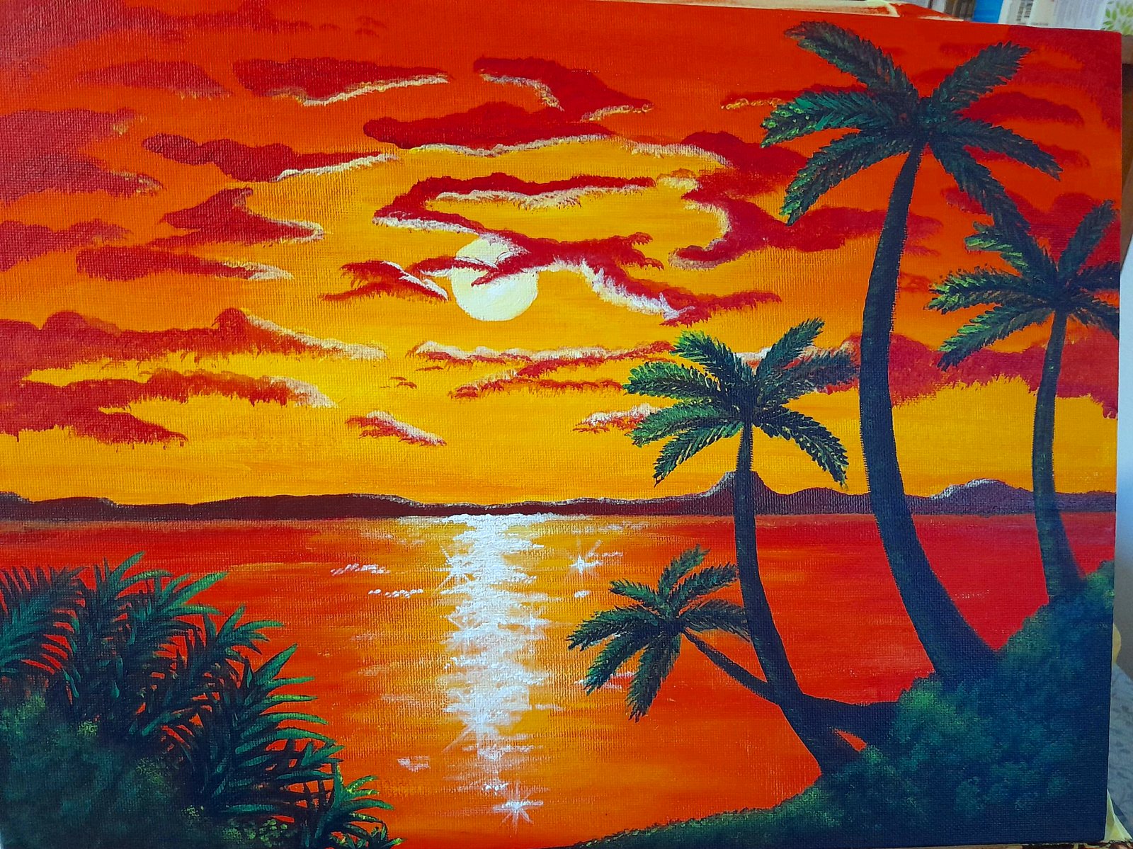 Atardecer naranja sobre el mar con palmeras – cuadro de Artedory