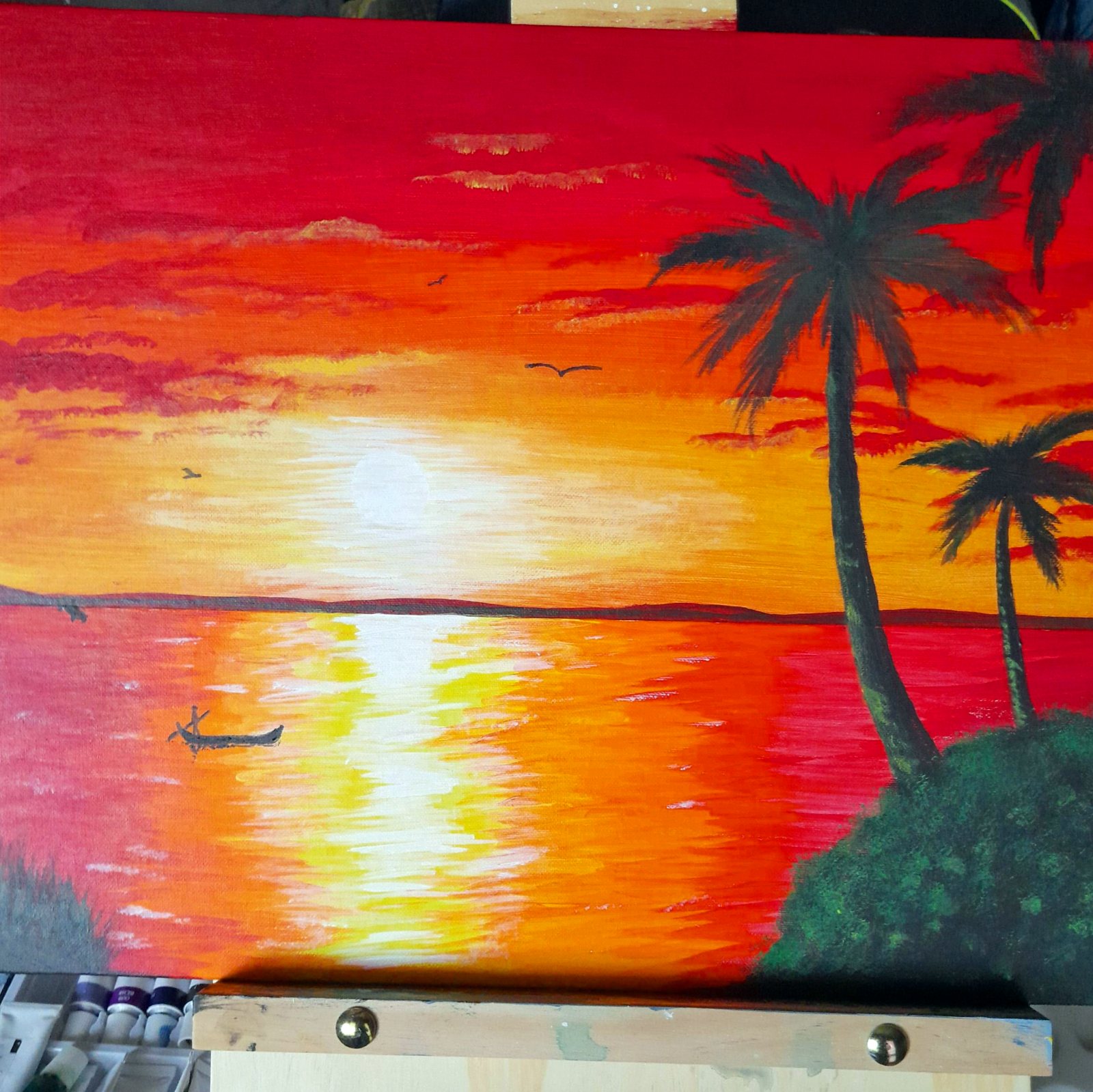 Red sunset over the sea with palm trees and a boat – painting by Artedory